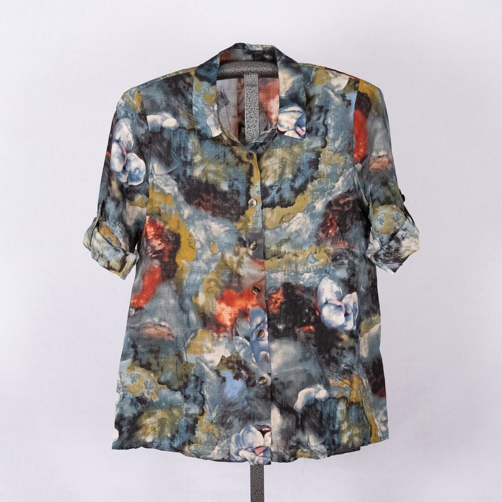 Shana Women's Size MEDIUM Abstract Art to Wear Boho Style Blouse Pockets Rayon